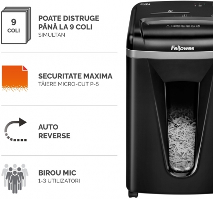 Distrugator documente manual, P5, 9 coli, micro cut, Powershred 450M Fellowes